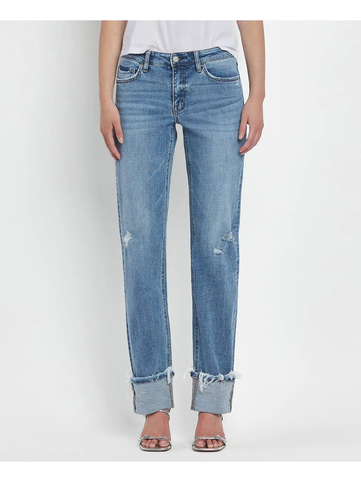 Mid-Rise Full Length Cuffed Straight Jeans