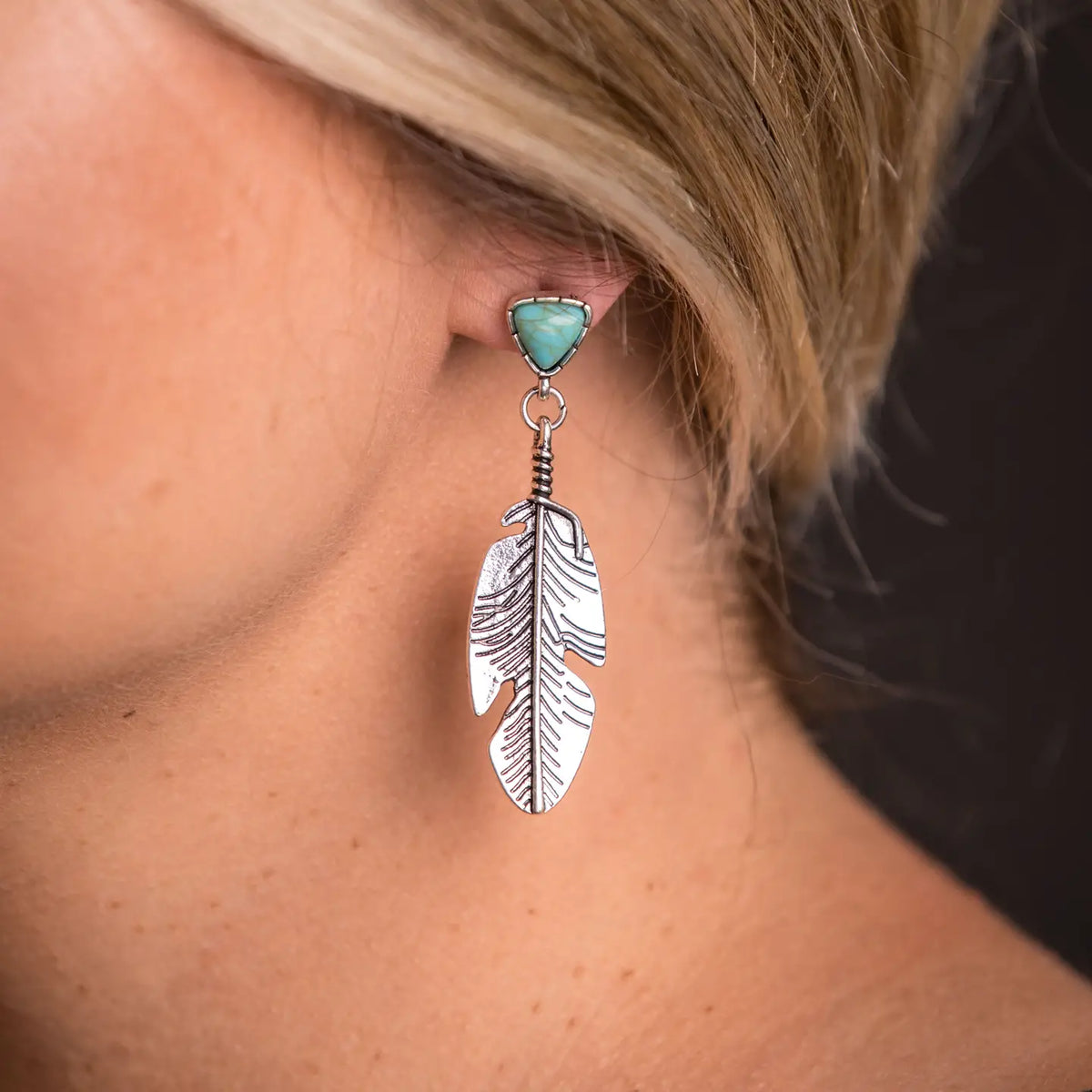 Burnished Silver Feather Earring with Turq Stone