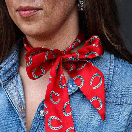Red Silk Twilly Scarf with Horseshoe Pattern