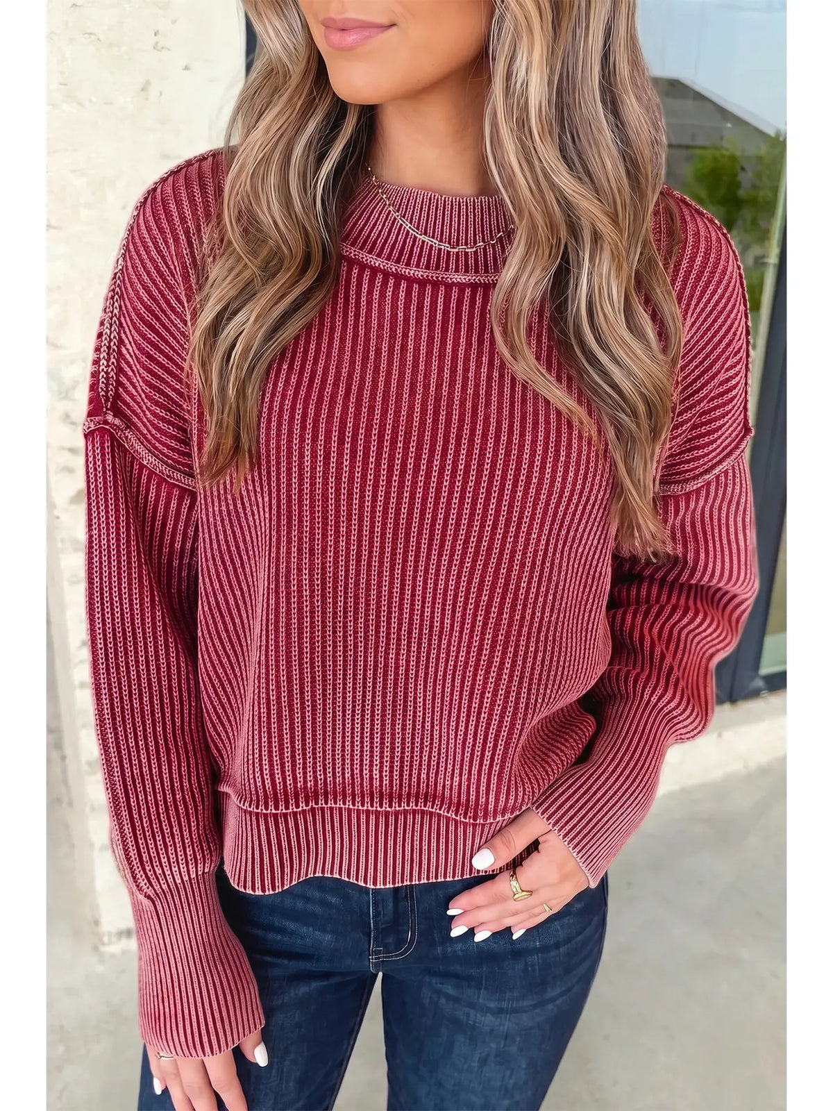 Solid Mock Neck Ribbed Sweater